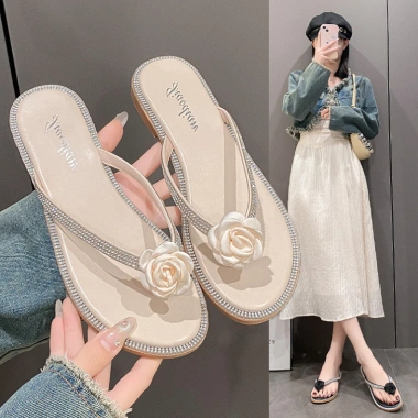 Dép xỏ ngón nữ đế bệt, đính hoa, chống thấm nước, chống trơn trượt, mềm êm chân - 89k