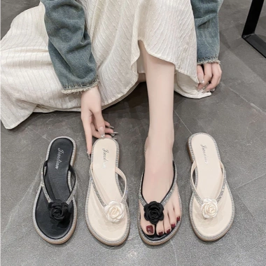 Dép xỏ ngón nữ đế bệt, đính hoa, chống thấm nước, chống trơn trượt, mềm êm chân - 89k