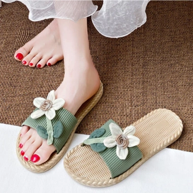 Dép xỏ ngón nữ DN64 đế bệt, chống thấm nước, không trơn trượt, vân cói đính hoa - 79k 6