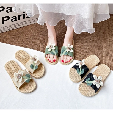 Dép xỏ ngón nữ DN64 đế bệt, chống thấm nước, không trơn trượt, vân cói đính hoa - 79k 7