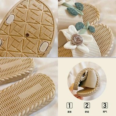 Dép xỏ ngón nữ DN64 đế bệt, chống thấm nước, không trơn trượt, vân cói đính hoa - 79k 9