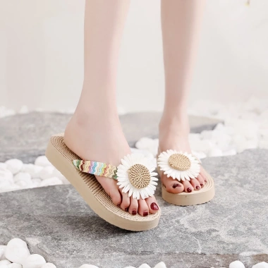 Dép xỏ ngón nữ giả cói hoa cúc cao 5cm và 3cm, đi biển siêu thích, giá 109k