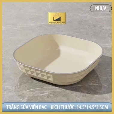 Đĩa Vuông Nhựa Cao Cấp Hanmala Decor Trắng Sữa Viền Bạc 14.5x14.5cm Tiện Dụng