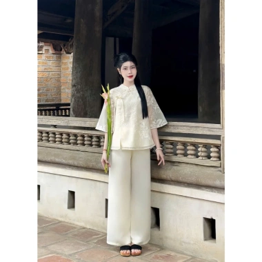 Đồ bộ đi chùa 2 lớp lụa voan tơ thêu hoa nổi Pháp phục, đính ngọc - Giá ưu đãi 275.752₫ 5