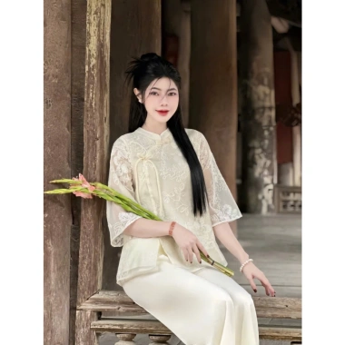 Đồ bộ đi chùa 2 lớp lụa voan tơ thêu hoa nổi Pháp phục, đính ngọc - Giá ưu đãi 275.752₫ 10
