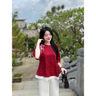 Đồ bộ đi chùa cách tân cổ tết đính nơ lụa gấm Pháp dáng xòe voan 2 tầng tiểu thư gấm mềm - 325.000₫ 3
