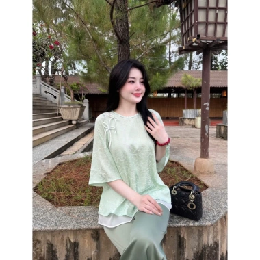 Đồ bộ đi chùa cách tân cổ tết đính nơ lụa gấm Pháp dáng xòe voan 2 tầng tiểu thư gấm mềm - 325.000₫ 6