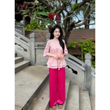 Đồ bộ đi chùa cách tân cổ tết đính nơ lụa gấm Pháp dáng xòe voan 2 tầng tiểu thư gấm mềm - 325.000₫ 8