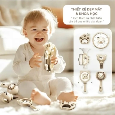 Đồ chơi âm thanh cho bé: Xúc xắc gấu thỏ cute kèm trống, kèn, lục lạc, còi - 136k