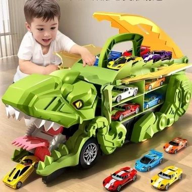 Đồ chơi khủng long nuốt ô tô, kèm 6 xe nhựa ABS an toàn cho bé mọi lứa tuổi