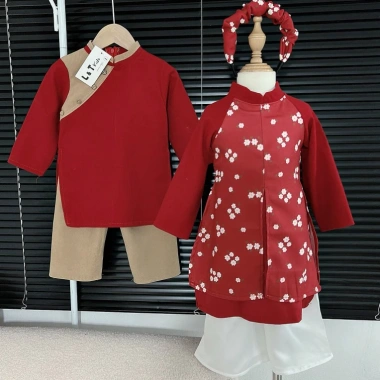 Đồ đôi mẹ và bé gái áo dài cách tân sét nhung 2 tà xinh xắn, duyên dáng kèm quần và bờm - Giảm giá hấp dẫn