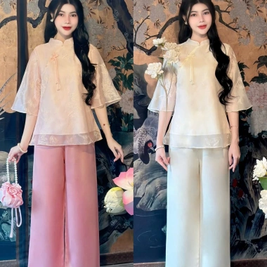 Đồ lam đi chùa cổ tàu tơ 3D hai lớp Pháp - Phong cách tay lỡ, giá 301.000₫