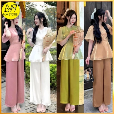 Đồ lam đi chùa nữ áo voan 2 lớp tay phồng, cổ tròn, nút ngọc + quần lụa - giảm giá 199k