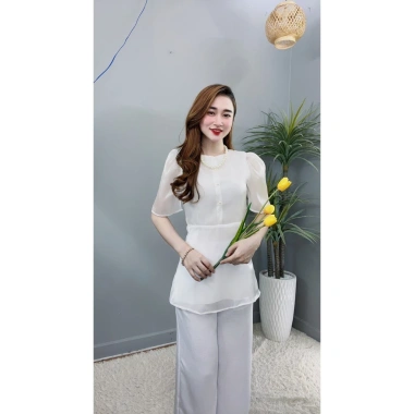 Đồ lam đi chùa nữ áo voan 2 lớp tay phồng, cổ tròn, nút ngọc + quần lụa - giảm giá 199k