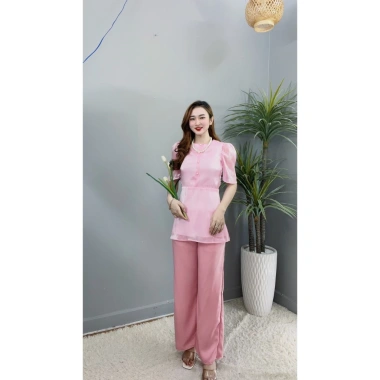Đồ lam đi chùa nữ áo voan 2 lớp tay phồng, cổ tròn, nút ngọc + quần lụa - giảm giá 199k
