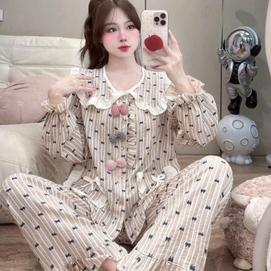 Đồ ngủ nữ JUSOKA Pijama DU38 chất liệu đũi vân mây, cổ sen viền beo đính nơ, siêu mềm mịn, thoải mái - chỉ 169k 6