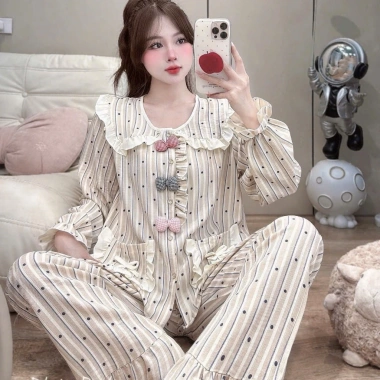 Đồ ngủ nữ JUSOKA Pijama DU38 chất liệu đũi vân mây, cổ sen viền beo đính nơ, siêu mềm mịn, thoải mái - chỉ 169k 7