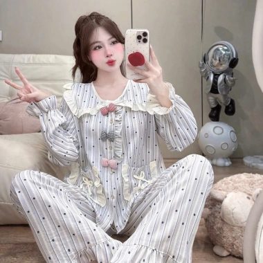 Đồ ngủ nữ JUSOKA Pijama DU38 chất liệu đũi vân mây, cổ sen viền beo đính nơ, siêu mềm mịn, thoải mái - chỉ 169k 8