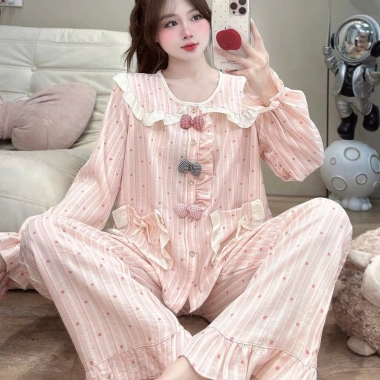 Đồ ngủ nữ JUSOKA Pijama DU38 chất liệu đũi vân mây, cổ sen viền beo đính nơ, siêu mềm mịn, thoải mái - chỉ 169k 9