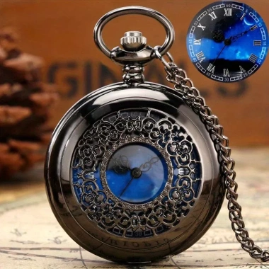 Đồng hồ bỏ túi retro mặt số xanh đầy sao, thạch anh rỗng, dây chuyền La Mã - 85.800 VND