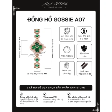 Đồng Hồ Cỏ 4 Lá Xanh Ngọc GOSSIE A07 AHA - Dây Thép Đính Đá Vàng Hồng 24mm - Giá 229k 6 Đồng Hồ Cỏ 4 Lá Xanh Ngọc GOSSIE A07 AHA - Dây Thép Đính Đá Vàng Hồng 24mm - Giá 229k 6