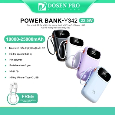 DOSEN PRO Sạc dự phòng 25.000mAh PD 22.5W Dây đôi, màn hình LED, thiết kế di động, giá 389.800₫