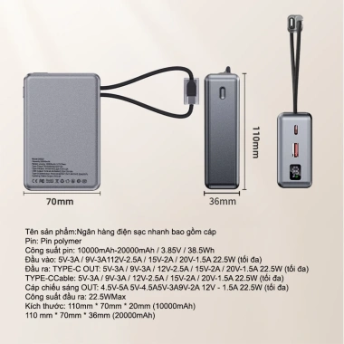 Dosen sạc dự phòng PD 22.5W 10.000-20.000mAh dây đôi, màn hình LED tích hợp - Đầy năng lượng mọi nơi