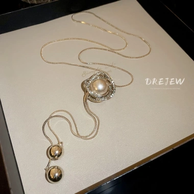 DREJEW Vòng cổ tua rua điều chỉnh, kim cương, ngọc trai - Dây chuyền áo len Hàn Quốc