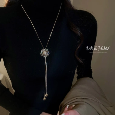 DREJEW Vòng cổ tua rua điều chỉnh, kim cương, ngọc trai - Dây chuyền áo len Hàn Quốc