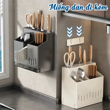 Đũa Dao Kèm Khay Thoát Nước Gắn Tường, Hộp Đựng Dao Kéo Nhà Bếp Không Cần Khoan 43.000 VND