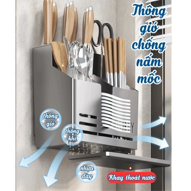 Đũa Dao Kèm Khay Thoát Nước Gắn Tường, Hộp Đựng Dao Kéo Nhà Bếp Không Cần Khoan 43.000 VND