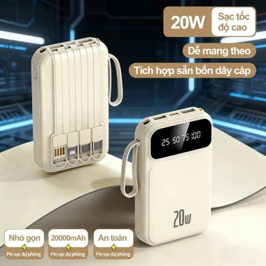 Dung lượng 20.000mAh, 4 cáp dữ liệu tháo rời, sạc nhanh 20W, đèn LED tích hợp, tương thích mọi thiết bị - 249.999 VND