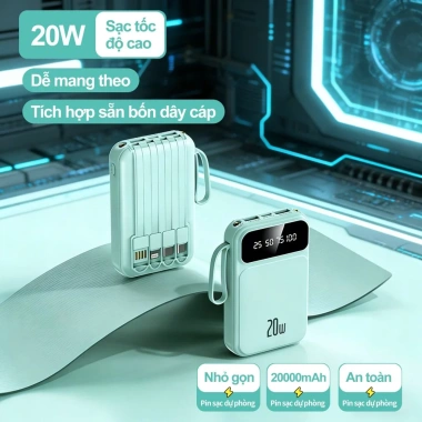 Dung lượng 20.000mAh, 4 cáp dữ liệu tháo rời, sạc nhanh 20W, đèn LED tích hợp, tương thích mọi thiết bị - 249.999 VND 2