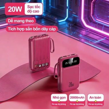Dung lượng 20.000mAh, 4 cáp dữ liệu tháo rời, sạc nhanh 20W, đèn LED tích hợp, tương thích mọi thiết bị - 249.999 VND 3