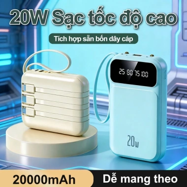 Dung lượng 20.000mAh, 4 cáp dữ liệu tháo rời, sạc nhanh 20W, đèn LED tích hợp, tương thích mọi thiết bị - 249.999 VND 4