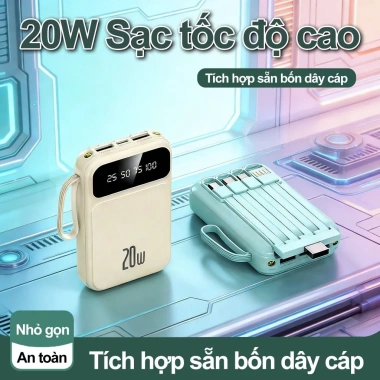 Dung lượng 20.000mAh, 4 cáp dữ liệu tháo rời, sạc nhanh 20W, đèn LED tích hợp, tương thích mọi thiết bị - 249.999 VND 5