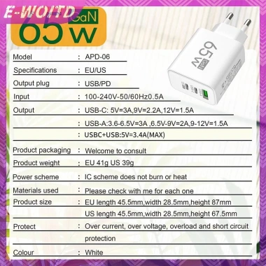 E-WOITD Sạc USB Type-C PD 65W Đa Năng Cho Huawei Tablet Pad Du Lịch Giá 48.300 VND