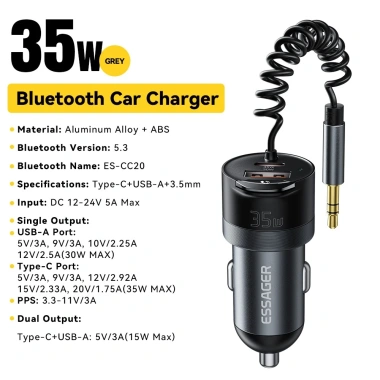 Essager Bộ sạc xe hơi USB-A + Type-C Bluetooth không dây 5.3 Micrô tích hợp - 261.580₫ 9