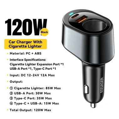 Essager L 120W Bật lửa USB Type-C sạc nhanh ô tô 12-24V cổng kép iPhone Huawei