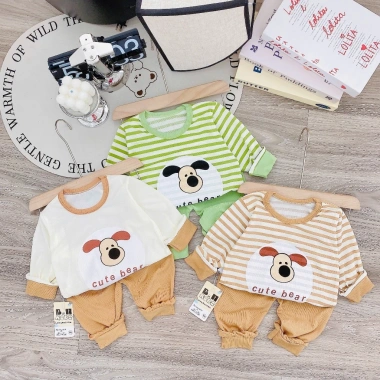 Freeship: Bộ dài tay bé thun tăm mỏng mát, họa tiết 3 màu cho bé 6‑16kg dưới 3 tuổi, chỉ 34.200₫