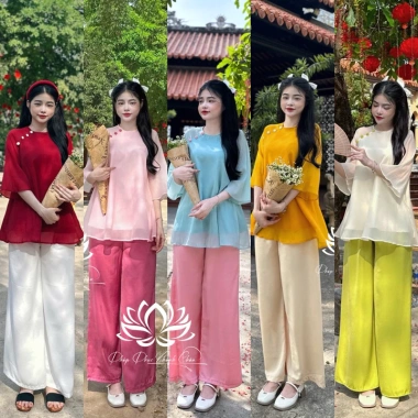 FREESHIP Set Áo Tơ Xoè Đinh Nút Bọc Mặc Tết Đi Chùa - Giá 239k