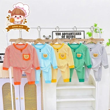 Freeship + Voucher Bộ Đồ Dài Tay Thun Lạnh Sọc In Hình Con Vật Dễ Thương 6-16kg Trẻ Dưới 3 Tuổi Giá 41.200 VND