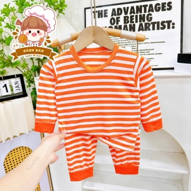 Freeship + Voucher Bộ Đồ Dài Tay Thun Lạnh Sọc In Hình Con Vật Dễ Thương 6-16kg Trẻ Dưới 3 Tuổi Giá 41.200 VND