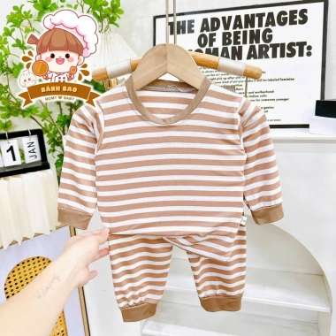 Freeship + Voucher Bộ Đồ Dài Tay Thun Lạnh Sọc In Hình Con Vật Dễ Thương 6-16kg Trẻ Dưới 3 Tuổi Giá 41.200 VND