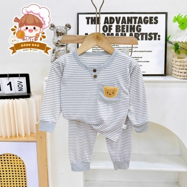 Freeship + Voucher Bộ Đồ Dài Tay Thun Lạnh Sọc In Hình Con Vật Dễ Thương 6-16kg Trẻ Dưới 3 Tuổi Giá 41.200 VND