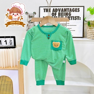 Freeship + Voucher Bộ Đồ Dài Tay Thun Lạnh Sọc In Hình Con Vật Dễ Thương 6-16kg Trẻ Dưới 3 Tuổi Giá 41.200 VND