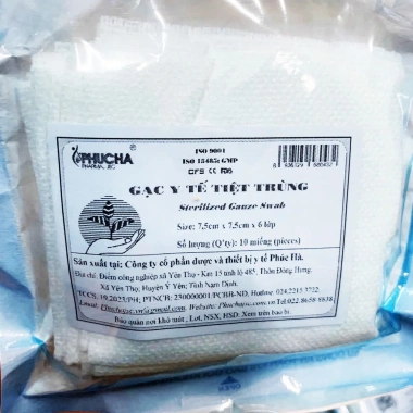 Gạc y tế tiệt trùng Phúc Hà 7,5x7,5x6 lớp - 10 miếng/túi, giá 109.999₫, chính hãng, date mới