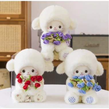 Gấu Bông Cừu Trắng Ôm Bó Hoa Hồng + Mũ 2in1 - Quà Valentine, Người Yêu, Giá 52.000 VND