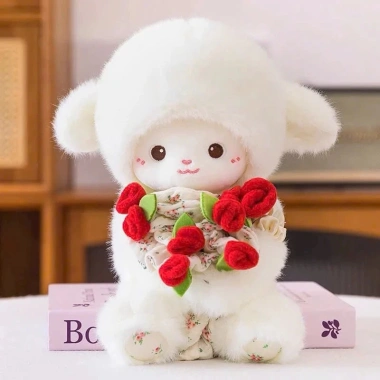 Gấu Bông Cừu Trắng ôm Hoa Hồng Valentine Quà Tặng Người Yêu Ấm Áp, Dễ Thương