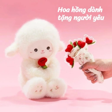 Gấu Bông Cừu Trắng ôm Hoa Hồng Valentine Quà Tặng Người Yêu Ấm Áp, Dễ Thương